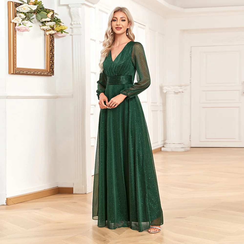 Elegant V-neck Chiffon Long-sleeved Wedding Party Formal Dress Green Elegant V-neck Chiffon Long-sleeved Wedding Party Formal Dress Green