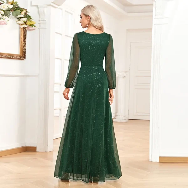 Elegant V-neck Chiffon Long-sleeved Wedding Party Emerald Green Formal Dress - Image 2