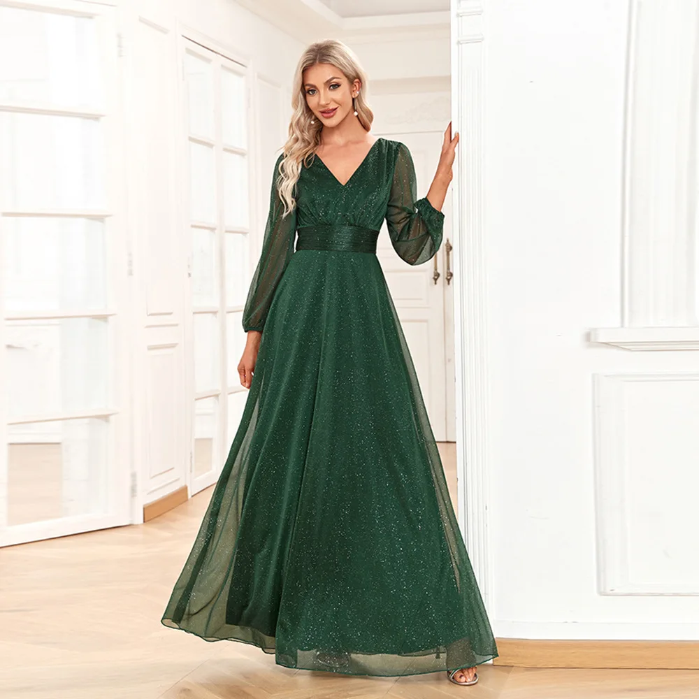 Elegant V-neck Chiffon Long-sleeved Wedding Party Formal Dress Green Elegant V-neck Chiffon Long-sleeved Wedding Party Formal Dress Green