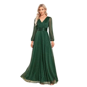 Elegant V-neck Chiffon Long-sleeved Wedding Party Emerald Green Formal Dress