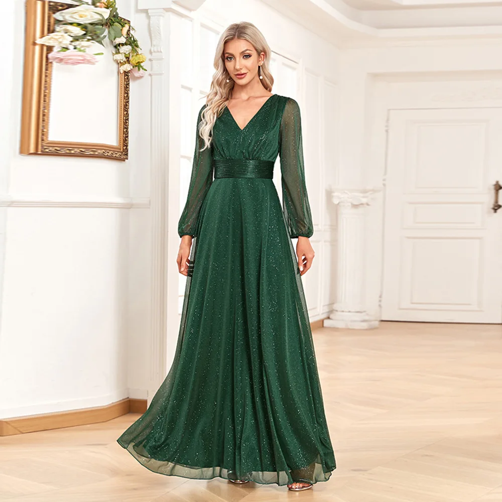 Elegant V-neck Chiffon Long-sleeved Wedding Party Formal Dress Green Elegant V-neck Chiffon Long-sleeved Wedding Party Formal Dress Green