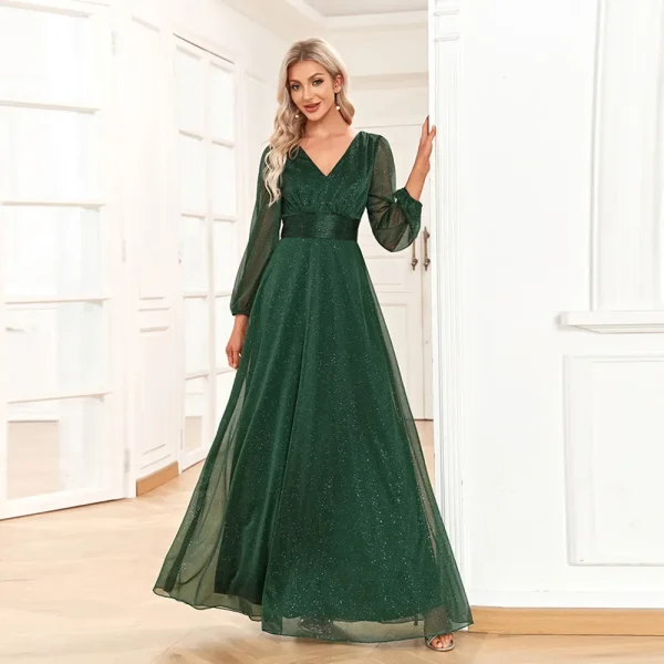 Elegant V-neck Chiffon Long-sleeved Wedding Party Emerald Green Formal Dress - Image 5