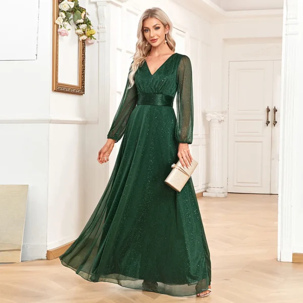 Elegant V-neck Chiffon Long-sleeved Wedding Party Emerald Green Formal Dress - Image 6