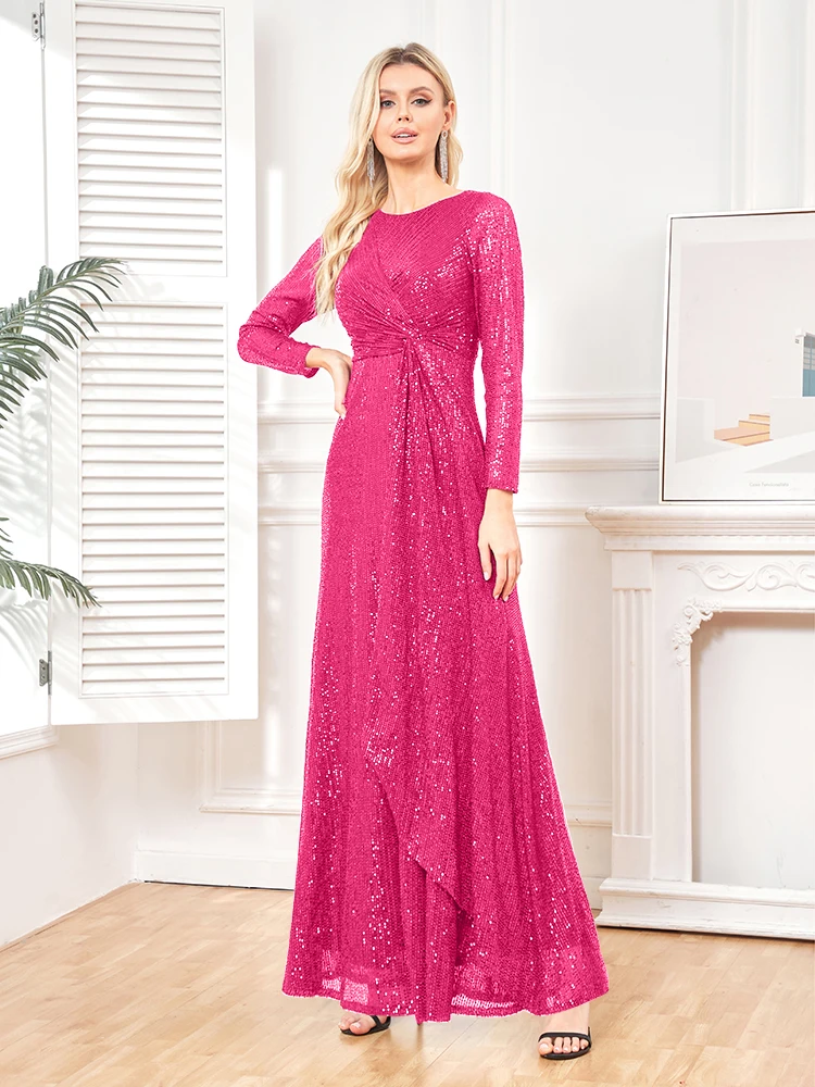 elegant Long Sleeve O-Neck Gold Sequins Evening Dress Luxury 2025 Women Wedding Party Prom Cocktail Dress Vestido