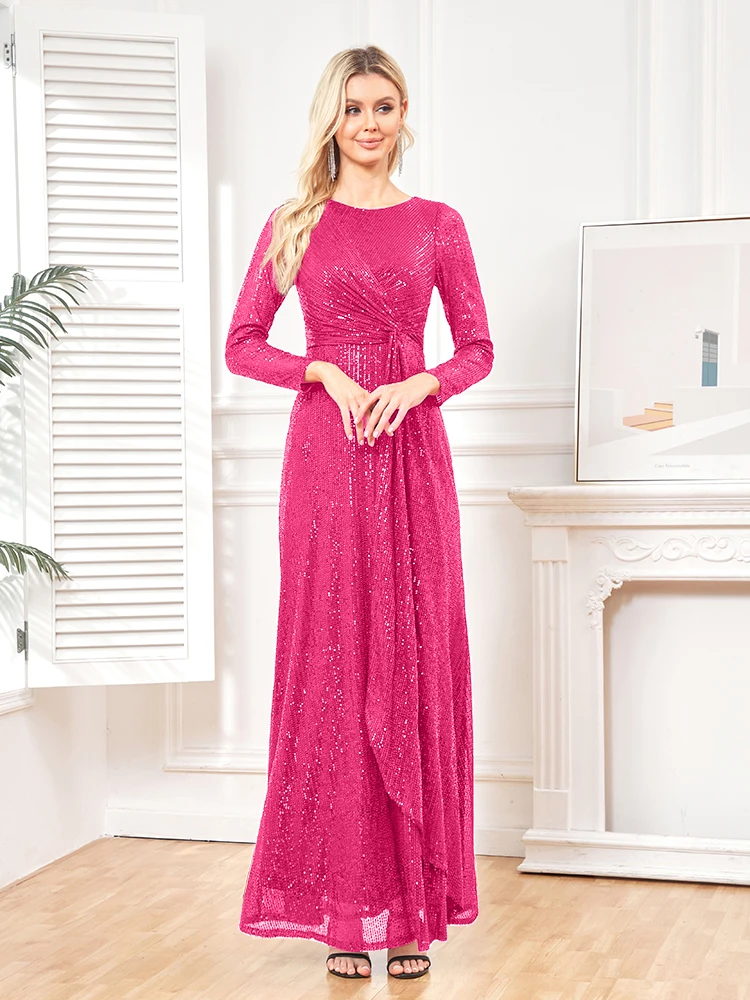 elegant Long Sleeve O-Neck Gold Sequins Evening Dress Luxury 2025 Women Wedding Party Prom Cocktail Dress Vestido