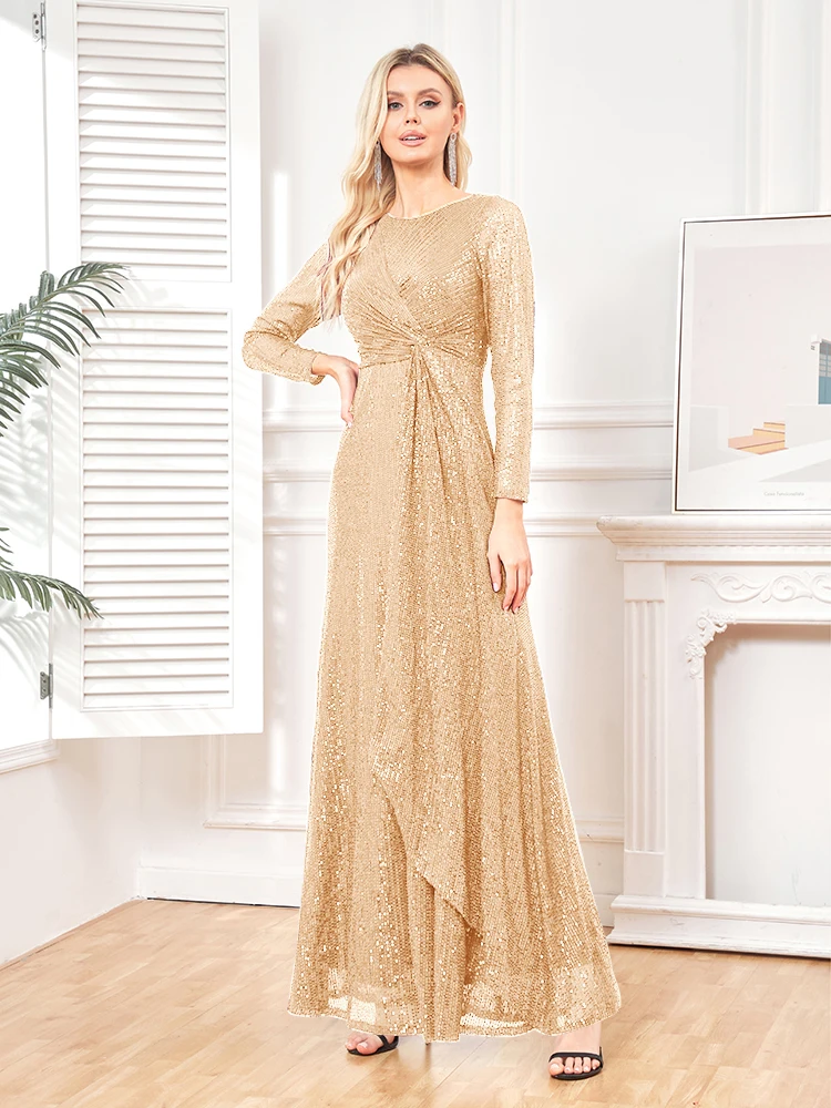 elegant Long Sleeve O-Neck Gold Sequins Evening Dress Luxury 2025 Women Wedding Party Prom Cocktail Dress Vestido