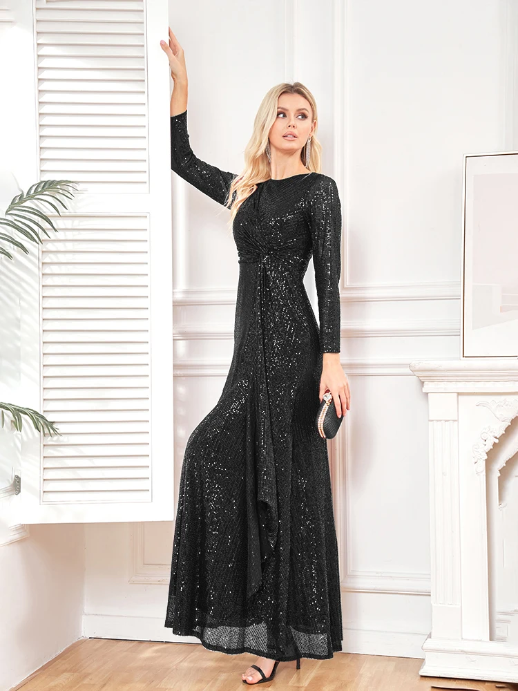 elegant Long Sleeve O-Neck Gold Sequins Evening Dress Luxury 2025 Women Wedding Party Prom Cocktail Dress Vestido