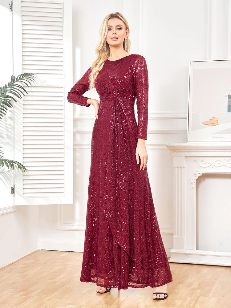 elegant Long Sleeve O-Neck Gold Sequins Evening Dress Luxury 2025 Women Wedding Party Prom Cocktail Dress Vestido