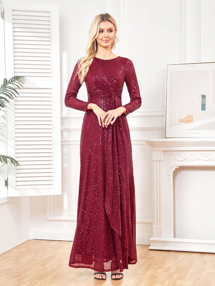 elegant Long Sleeve O-Neck Gold Sequins Evening Dress Luxury 2025 Women Wedding Party Prom Cocktail Dress Vestido