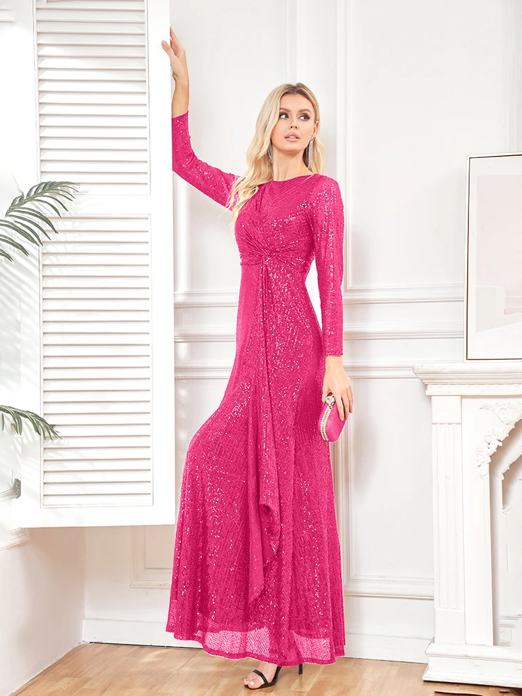 elegant Long Sleeve O-Neck Gold Sequins Evening Dress Luxury 2025 Women Wedding Party Prom Cocktail Dress Vestido