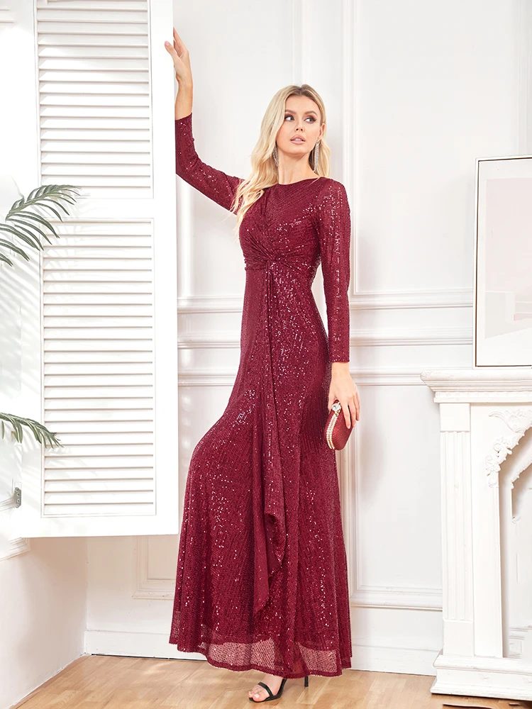 elegant Long Sleeve O-Neck Gold Sequins Evening Dress Luxury 2025 Women Wedding Party Prom Cocktail Dress Vestido