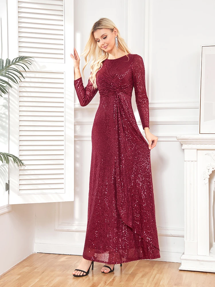 elegant Long Sleeve O-Neck Gold Sequins Evening Dress Luxury 2025 Women Wedding Party Prom Cocktail Dress Vestido