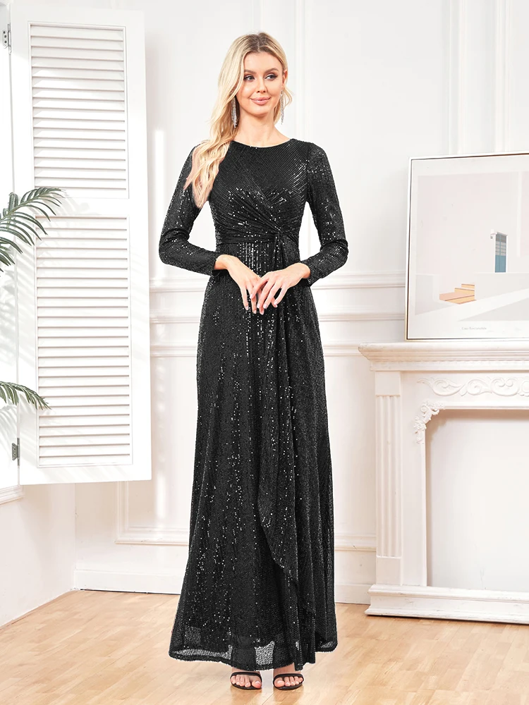 elegant Long Sleeve O-Neck Gold Sequins Evening Dress Luxury 2025 Women Wedding Party Prom Cocktail Dress Vestido