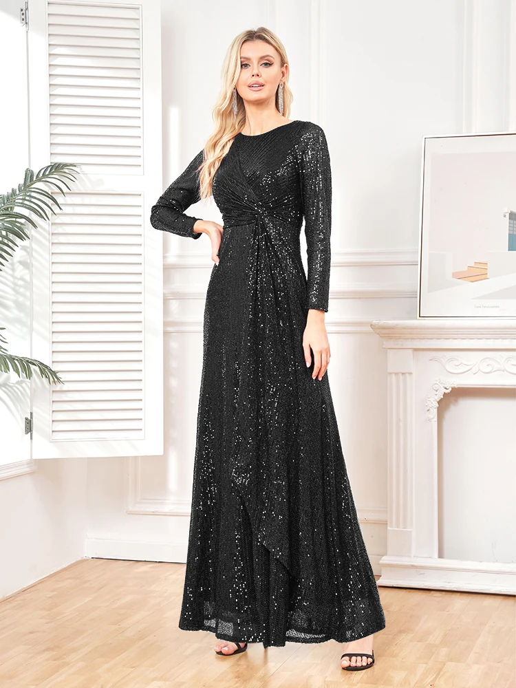 elegant Long Sleeve O-Neck Gold Sequins Evening Dress Luxury 2025 Women Wedding Party Prom Cocktail Dress Vestido