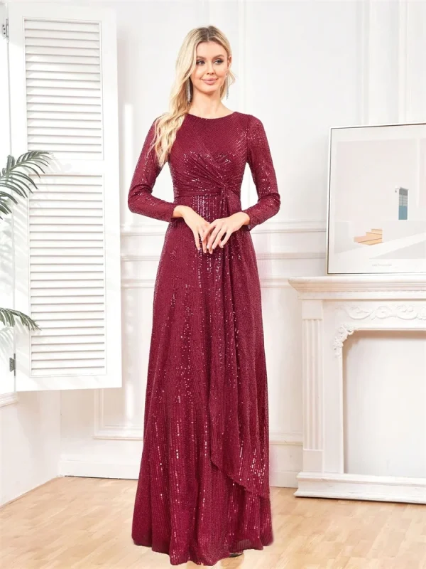 Elegant Long Sleeve O-Neck Gold Burgundy Black Sequins Evening Dress Luxury For Women Wedding Party Prom Cocktail Dress