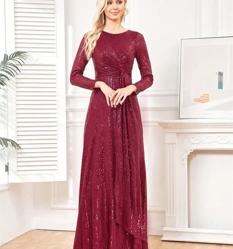 Long Sleeve O-Neck Gold Black Sequins Evening Dress