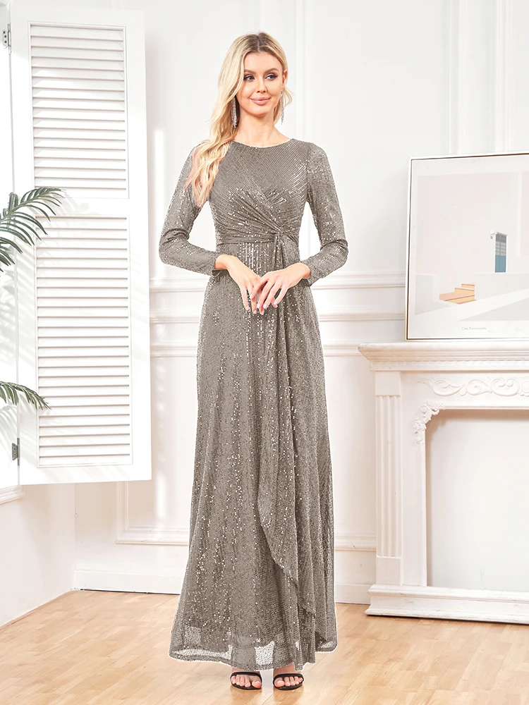 elegant Long Sleeve O-Neck Gold Sequins Evening Dress Luxury 2025 Women Wedding Party Prom Cocktail Dress Vestido