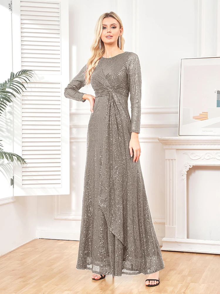 elegant Long Sleeve O-Neck Gold Sequins Evening Dress Luxury 2025 Women Wedding Party Prom Cocktail Dress Vestido