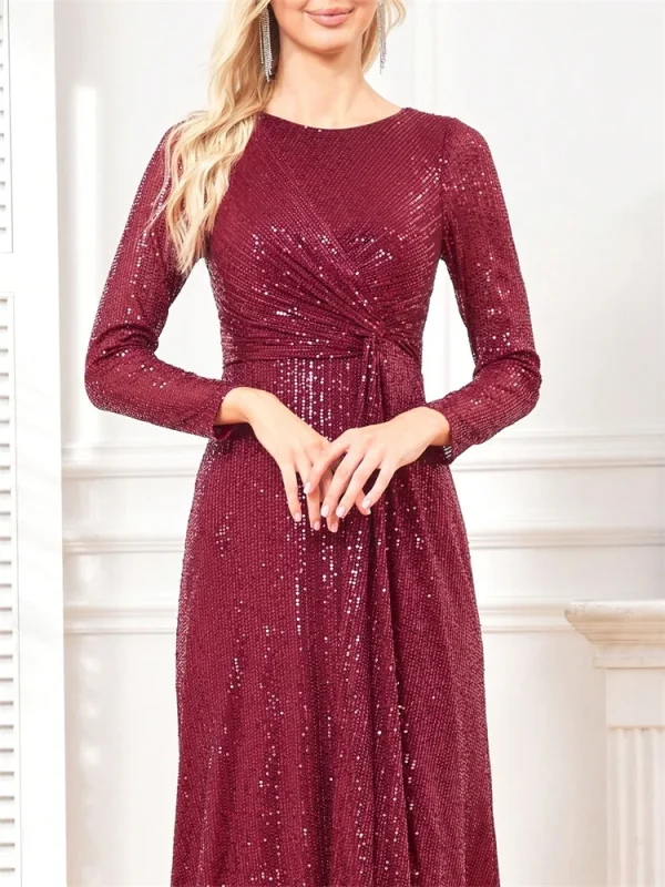 Elegant Long Sleeve O-Neck Gold Burgundy Black Sequins Evening Dress Luxury For Women Wedding Party Prom Cocktail Dress - Image 6