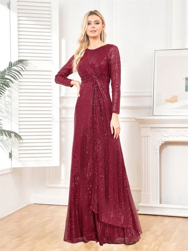 Elegant Long Sleeve O-Neck Gold Burgundy Black Sequins Evening Dress Luxury For Women Wedding Party Prom Cocktail Dress - Image 5