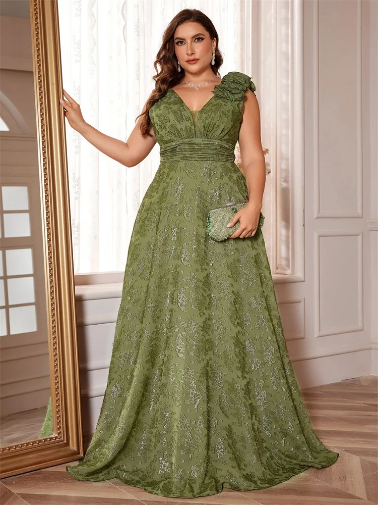 Plus Size Elegant V-Neck Green Floral Evening Dress Women Long Luxury Sleevesless Graduation Party Prom Cocktail Gown