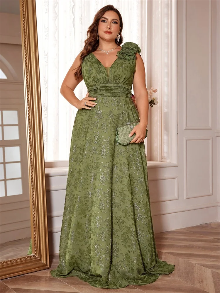 Plus Size Elegant V-Neck Green Floral Evening Dress Women Long Luxury Sleevesless Graduation Party Prom Cocktail Gown