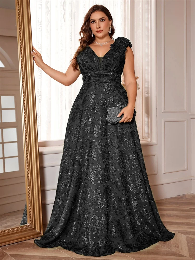 Plus Size Elegant V-Neck Green Floral Evening Dress Women Long Luxury Sleevesless Graduation Party Prom Cocktail Gown
