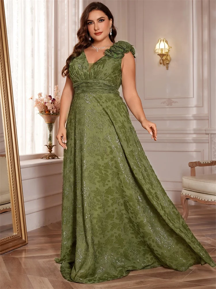 Plus Size Elegant V-Neck Green Floral Evening Dress Women Long Luxury Sleevesless Graduation Party Prom Cocktail Gown
