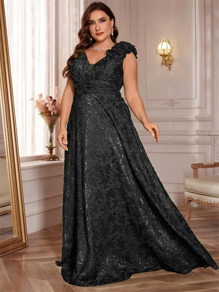 Plus Size Elegant V-Neck Green Floral Evening Dress Women Long Luxury Sleevesless Graduation Party Prom Cocktail Gown