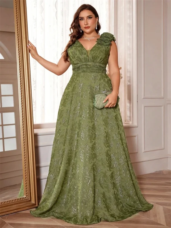 Plus Size Elegant V-Neck Green Black Floral Evening Dress Women Long Luxury Graduation Party Prom Cocktail Gown - Image 4