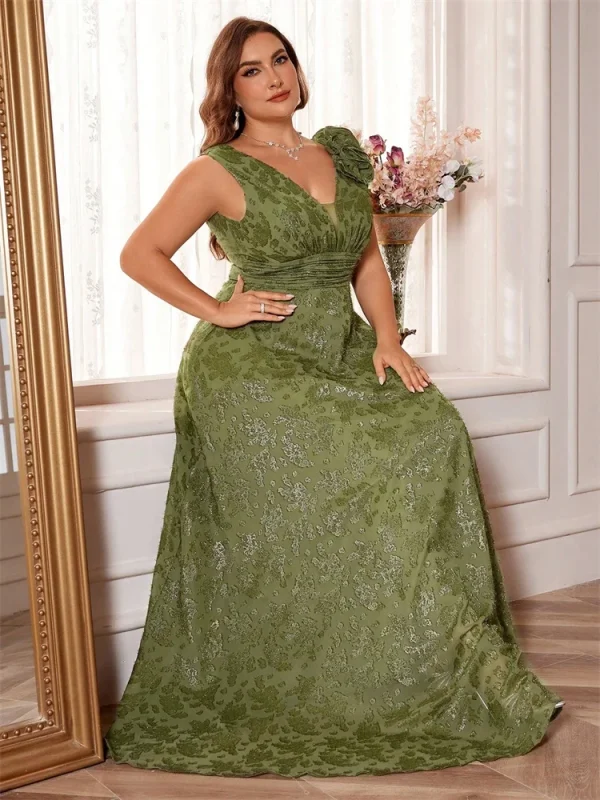 Plus Size Elegant V-Neck Green Black Floral Evening Dress Women Long Luxury Graduation Party Prom Cocktail Gown - Image 6