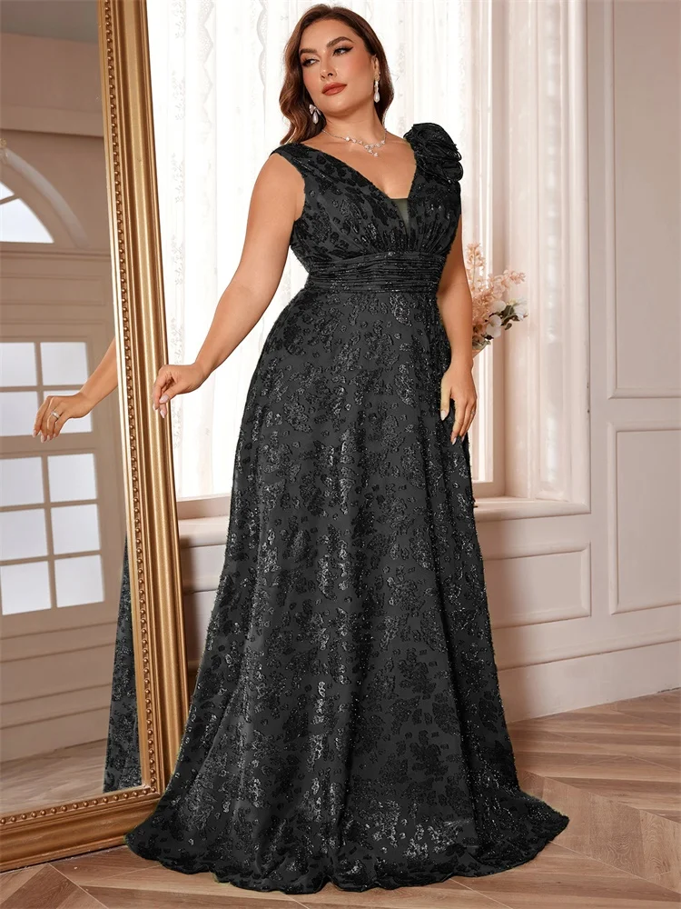 Plus Size Elegant V-Neck Green Floral Evening Dress Women Long Luxury Sleevesless Graduation Party Prom Cocktail Gown