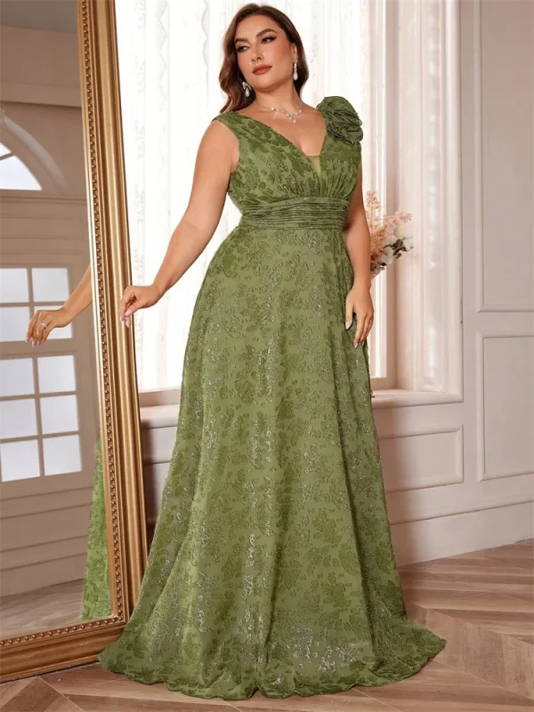 Plus Size Elegant V-Neck Green Black Floral Evening Dress Women Long Luxury Graduation Party Prom Cocktail Gown - Image 5
