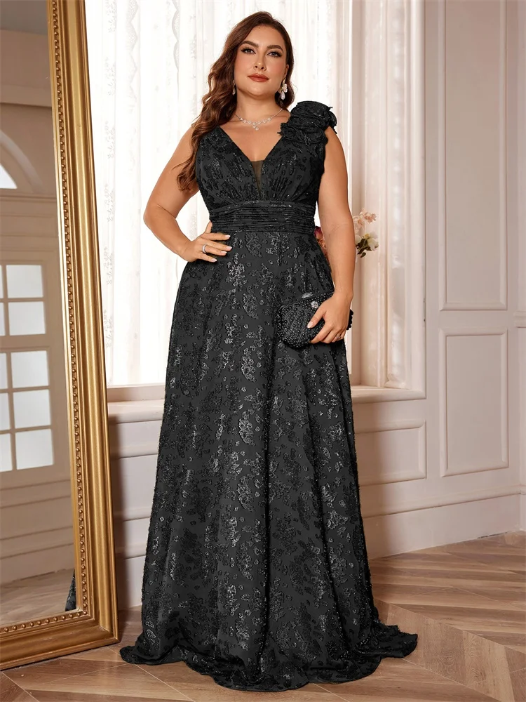 Plus Size Elegant V-Neck Green Floral Evening Dress Women Long Luxury Sleevesless Graduation Party Prom Cocktail Gown
