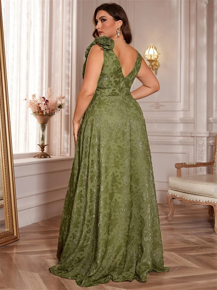 Plus Size Elegant V-Neck Green Floral Evening Dress Women Long Luxury Sleevesless Graduation Party Prom Cocktail Gown