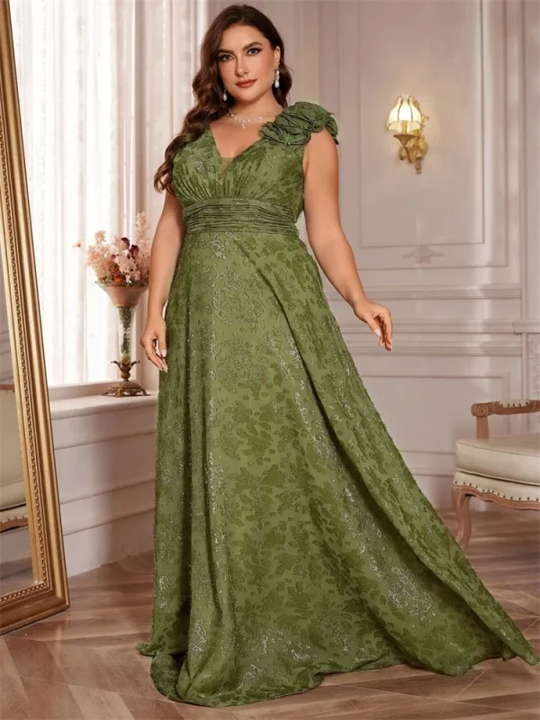 Plus Size Elegant V-Neck Green Black Floral Evening Dress Women Long Luxury Graduation Party Prom Cocktail Gown - Image 3