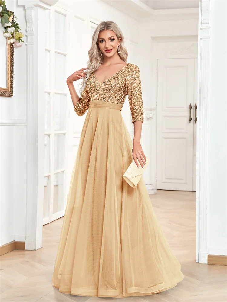 Luxury Floor Length V-Neck Evening Dress 2025 Women Elegant Party Maxi Dress Sequin Short Sleeves Prom Cocktail Gown