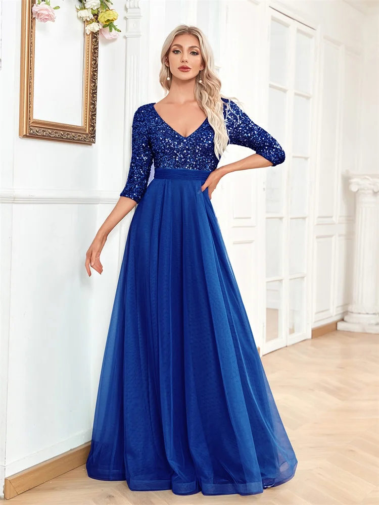 Luxury Floor Length V-Neck Evening Dress 2025 Women Elegant Party Maxi Dress Sequin Short Sleeves Prom Cocktail Gown