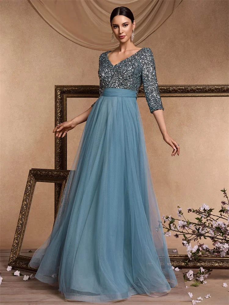 Luxury Floor Length V-Neck Evening Dress 2025 Women Elegant Party Maxi Dress Sequin Short Sleeves Prom Cocktail Gown