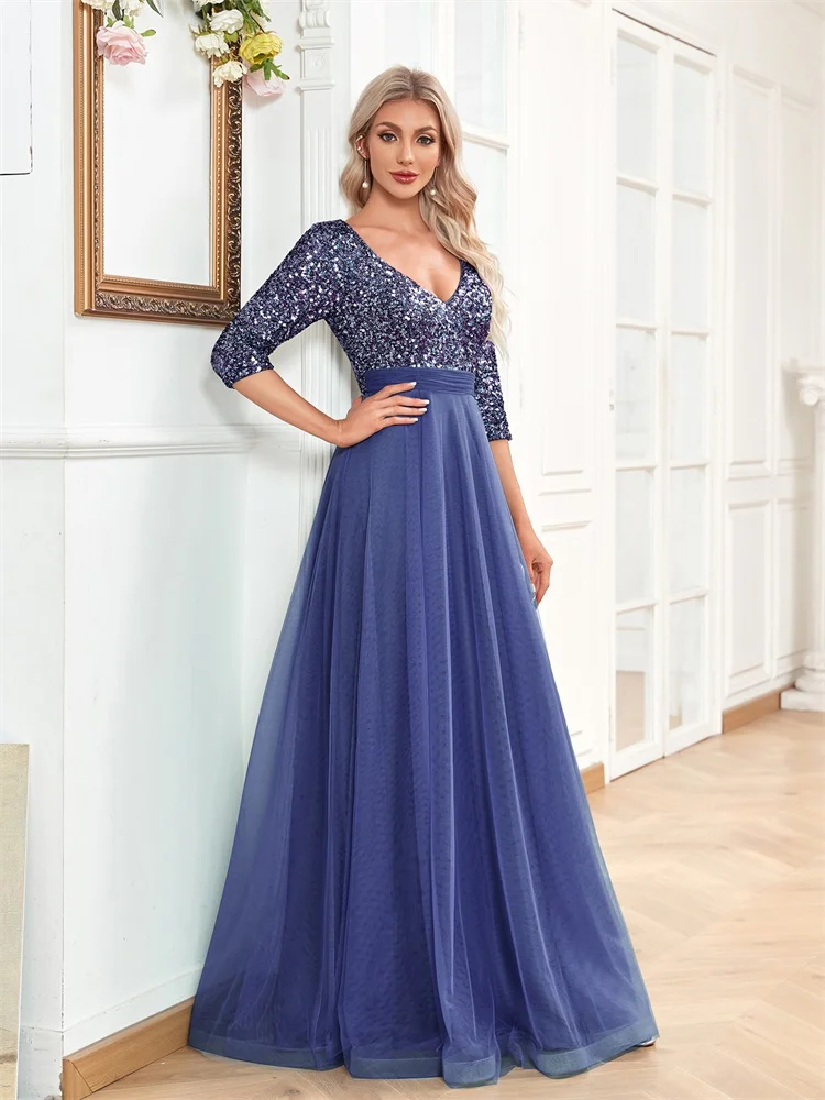 Luxury Floor Length V-Neck Evening Dress 2025 Women Elegant Party Maxi Dress Sequin Short Sleeves Prom Cocktail Gown
