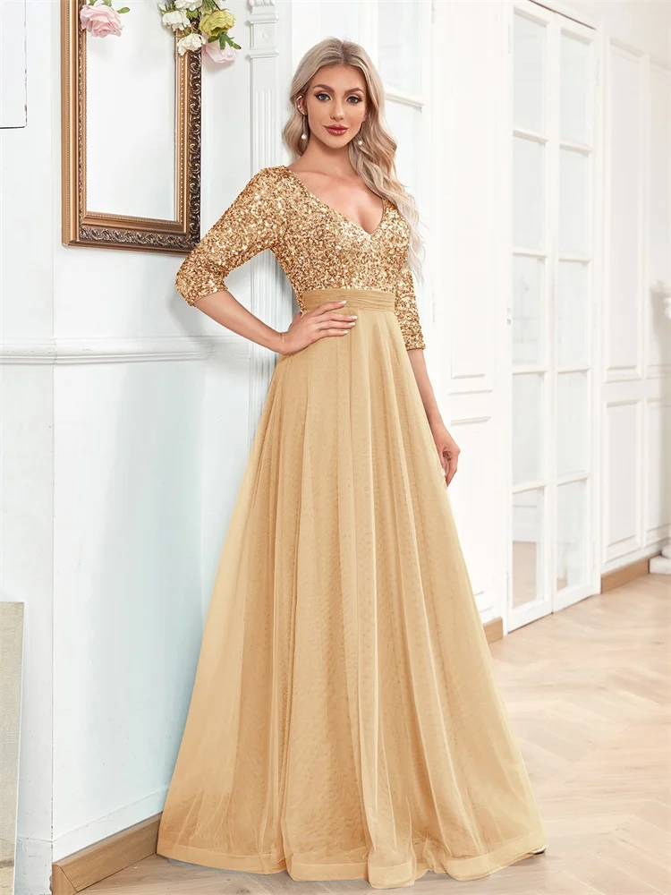 Luxury Floor Length V-Neck Evening Dress 2025 Women Elegant Party Maxi Dress Sequin Short Sleeves Prom Cocktail Gown