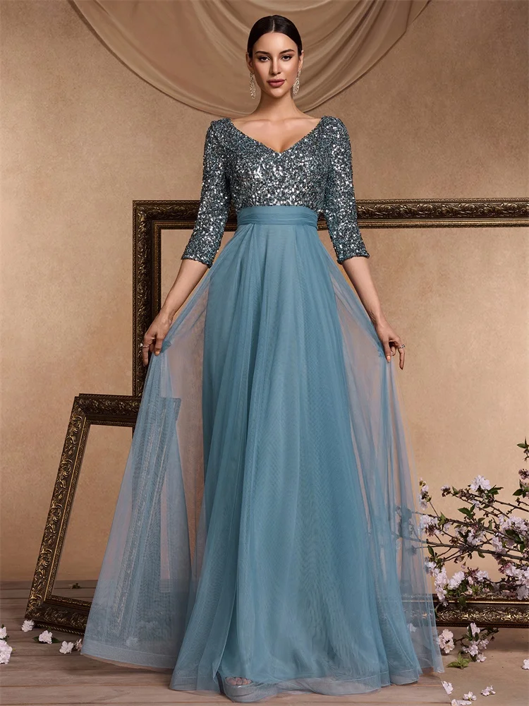 Luxury Floor Length V-Neck Evening Dress 2025 Women Elegant Party Maxi Dress Sequin Short Sleeves Prom Cocktail Gown