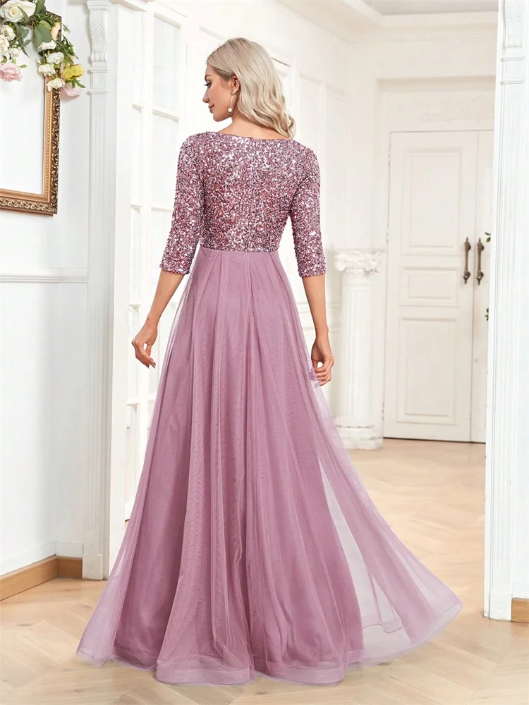 Luxury Floor Length V-Neck Evening Dress 2025 Women Elegant Party Maxi Dress Sequin Short Sleeves Prom Cocktail Gown
