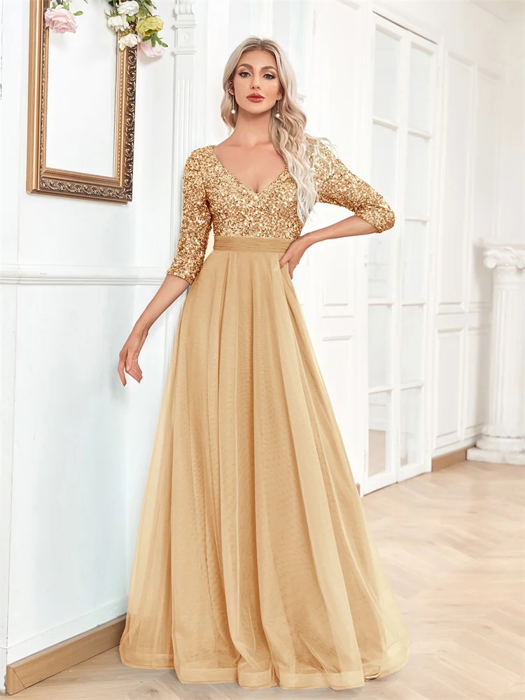 Luxury Floor Length V-Neck Evening Dress 2025 Women Elegant Party Maxi Dress Sequin Short Sleeves Prom Cocktail Gown