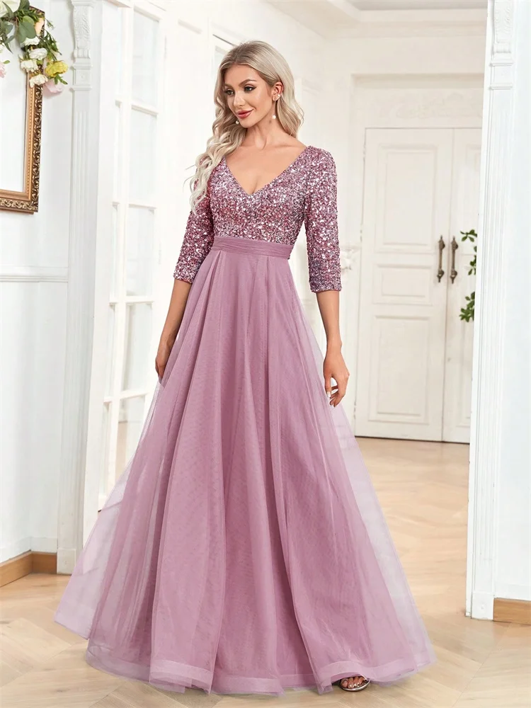 Luxury Floor Length V-Neck Evening Dress 2025 Women Elegant Party Maxi Dress Sequin Short Sleeves Prom Cocktail Gown