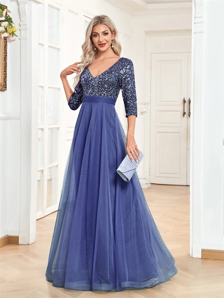 Luxury Floor Length V-Neck Evening Dress 2025 Women Elegant Party Maxi Dress Sequin Short Sleeves Prom Cocktail Gown