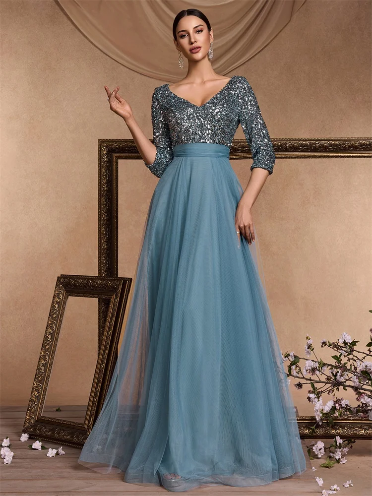 Luxury Floor Length V-Neck Evening Dress 2025 Women Elegant Party Maxi Dress Sequin Short Sleeves Prom Cocktail Gown