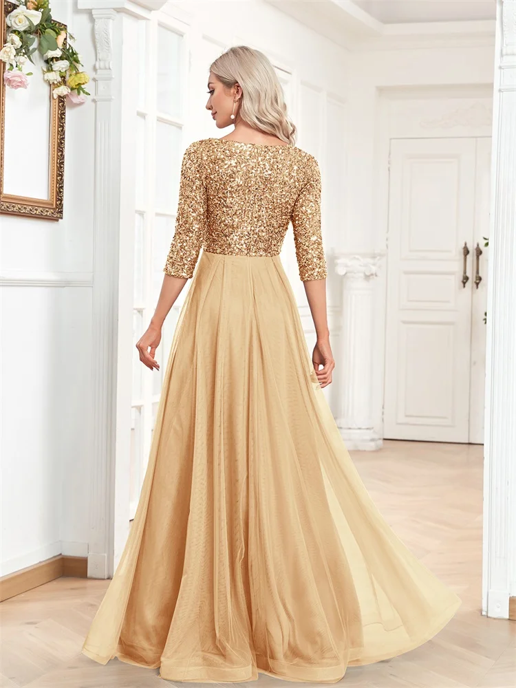 Luxury Floor Length V-Neck Evening Dress 2025 Women Elegant Party Maxi Dress Sequin Short Sleeves Prom Cocktail Gown