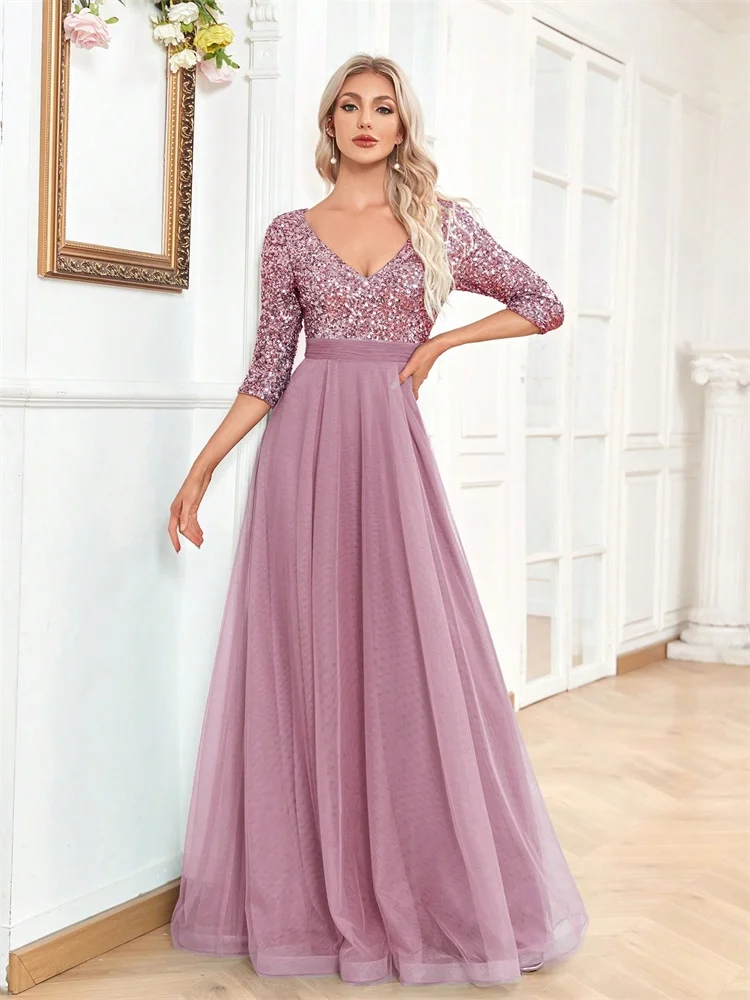 Luxury Floor Length V-Neck Evening Dress 2025 Women Elegant Party Maxi Dress Sequin Short Sleeves Prom Cocktail Gown