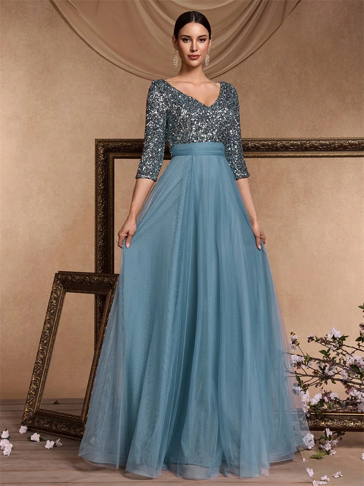 Luxury Floor Length V-Neck Evening Dress 2025 Women Elegant Party Maxi Dress Sequin Short Sleeves Prom Cocktail Gown